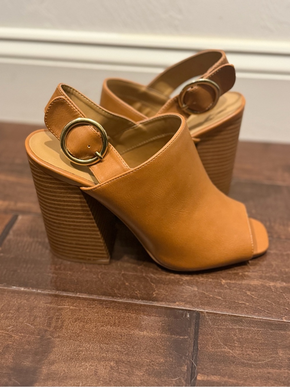 Qupid Tan Open-Toe Block Heel Slingback with Gold Buckle